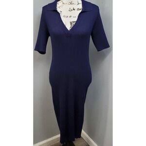 Nina Leonard Sweater Dress Womens Large Navy Ribbed Rayon 3/4‎ Sleeve Collared